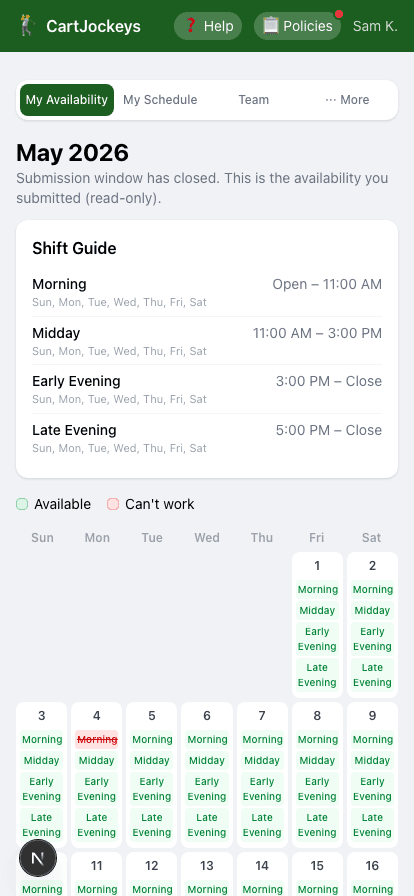 Golf course worker submitting availability from a phone in CartJockeys