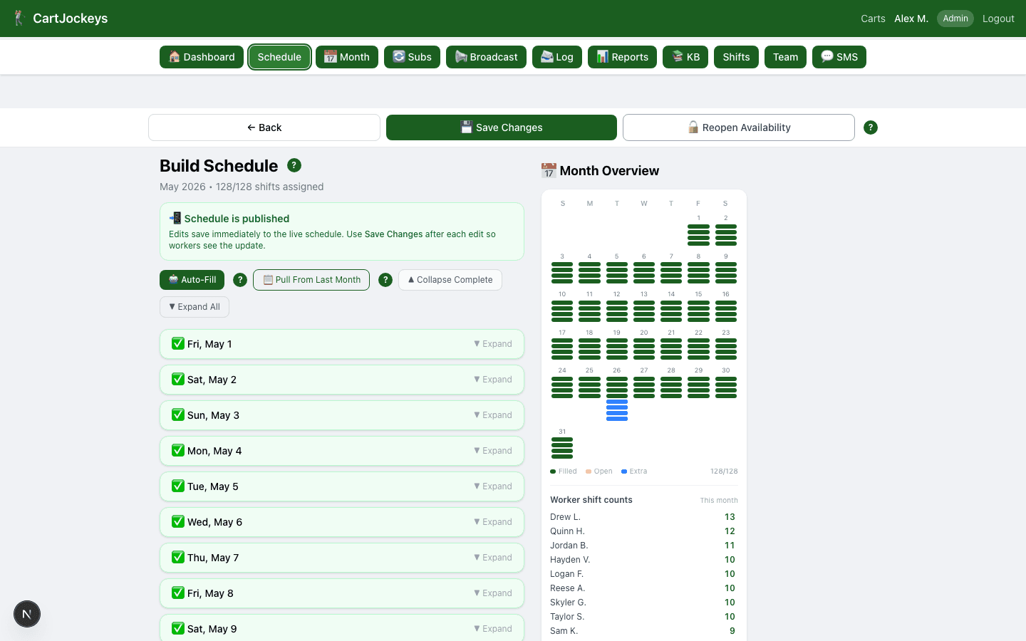 CartJockeys drag-and-drop golf course staff schedule builder