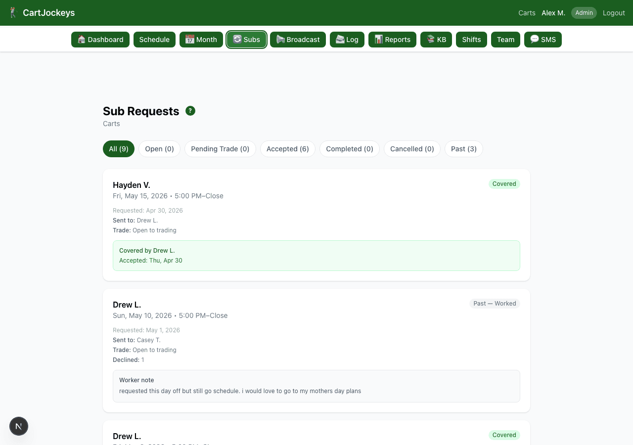 Golf course shift sub request flow in CartJockeys